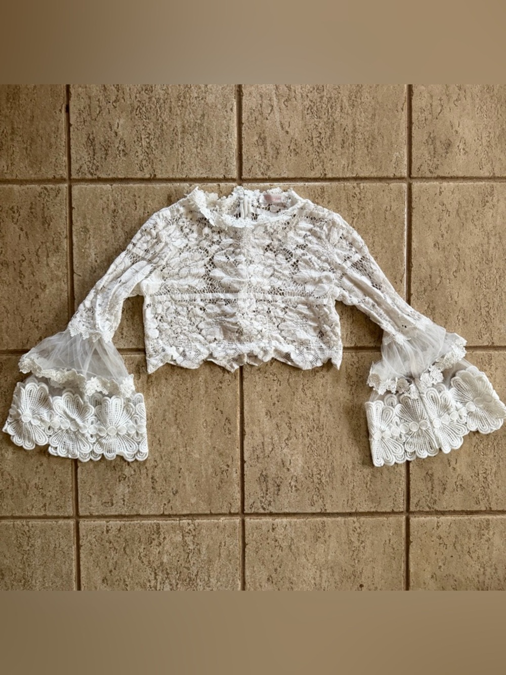 JJ's Fairyland White Embroidered Lace Bell Sleeve Cottagecore Sheer Top Small